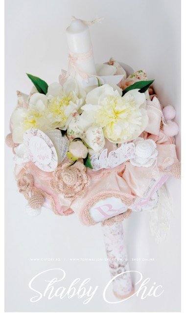 Lumanare de botez pentru fetite deosebita cu monograma si bujori, 65x4 cm, Shabby Chic  4